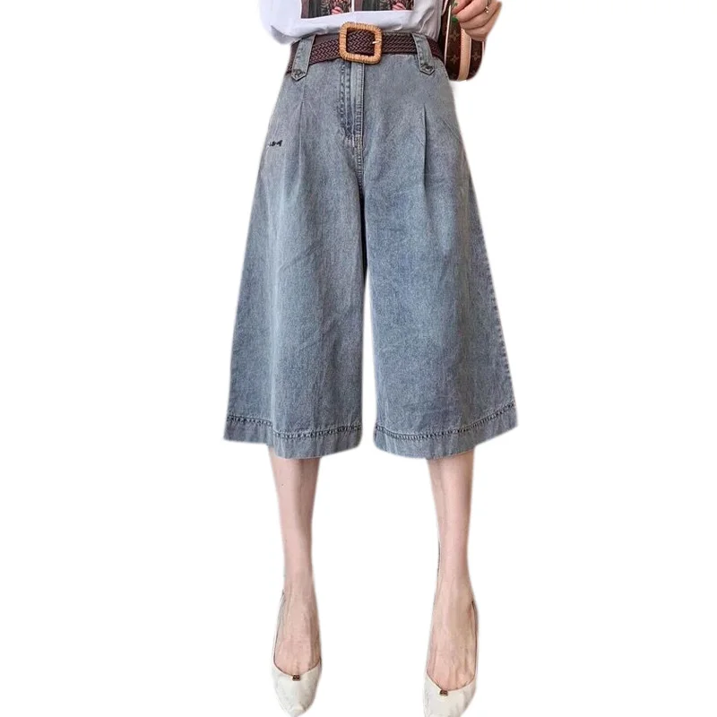 

High Waist Jeans 2021 New Summer Korean Loose Straight Thin Cropped Shorts Wide Leg Jeans Women Jeans