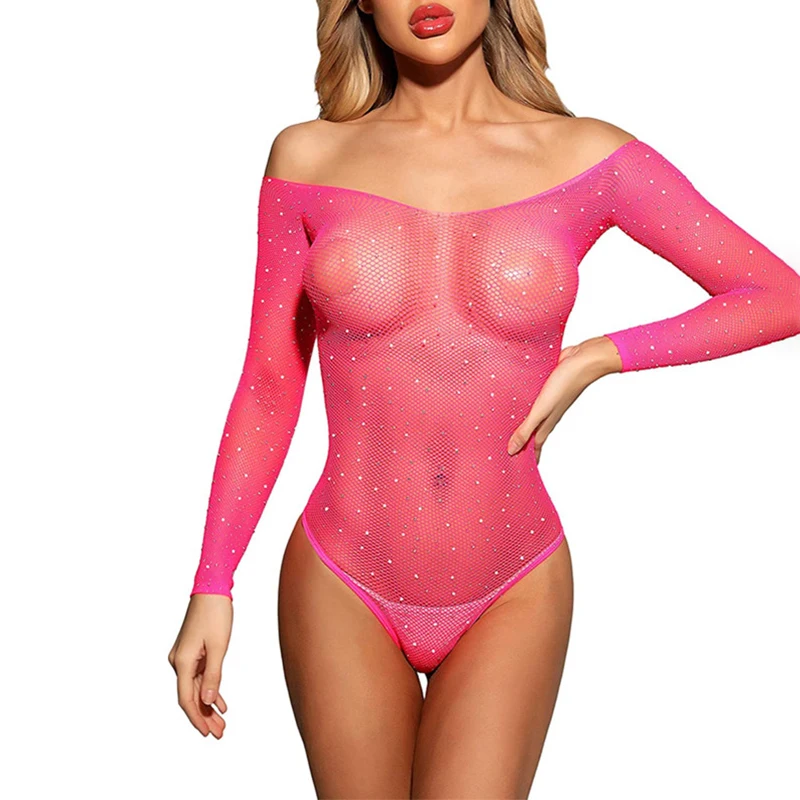 Сексуальный прозрачный боди Стразы с вырезом лодочкой сексуальный Тедди сетка