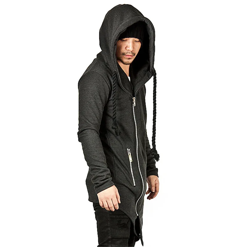 Men black gray hip hop long hoodies with thick string zippers hooded coat man vintage streetwear casual cosplay sweatshirts | Мужская