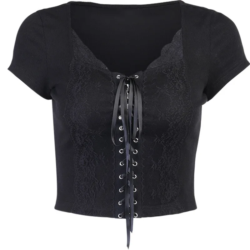 

Helisopus New Black Vintage Lace Gothic T-shirt Women Harajuku Sexy Bodycon Hollow Out Bandage T-Shirt Short Sleeve Crop Tops