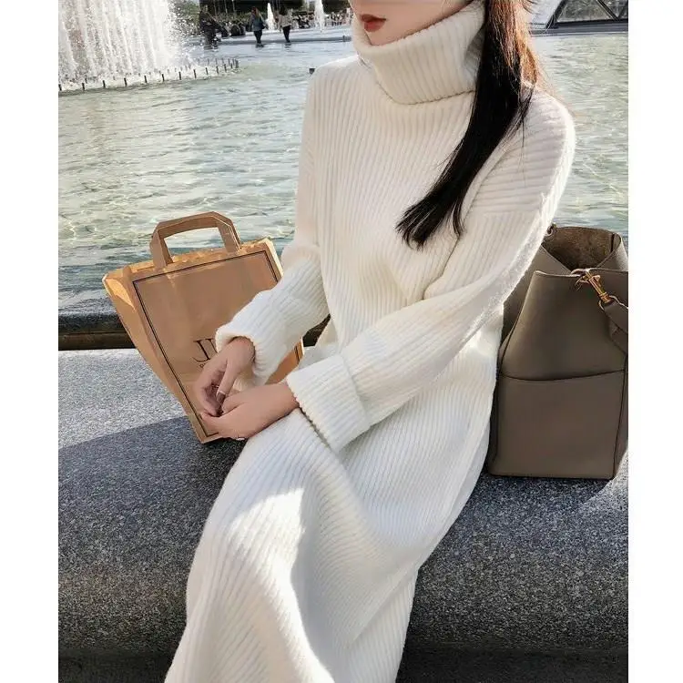 Трикотажное женское платье Осень Зима Ретро белое Vestidos повседневное пуловер