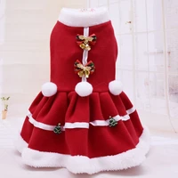 autumn and winter new dog pet clothes double sided fleece thick bow hair ball bells red pet christmas skirt dress 5 sizes