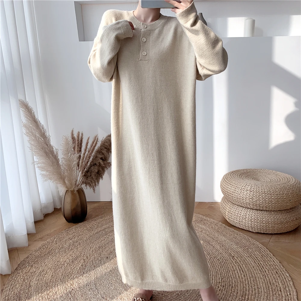 

Women Autumn Winter High Quality Knitted Long Shirt Dress Full Sleeve Round Collar Straight Pullovers