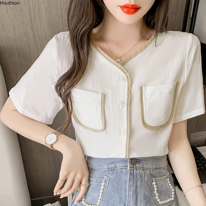 

Chiffon Loose Women's Shirts New Fashion Blouse Casual Short Sleeve Blusas Solid Color Buttons V-neck Shirt Summer Houthion