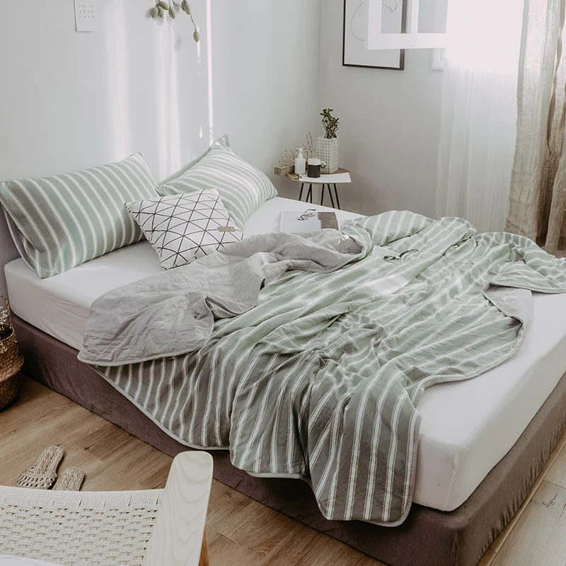 Хлопковое мягкое покрывало с зелеными полосками моющееся покрывало/покрывало