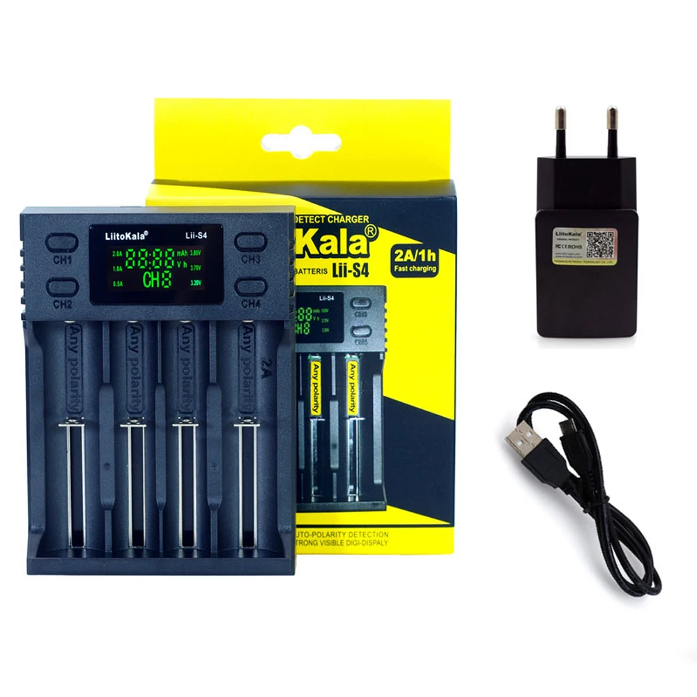 

Liitokala Lii-S4 LCD 3.7V 18650 18350 18500 21700 20700B 20700 14500 26650 1.2V AA AAA NiMH lithium-battery Charger+5V 2A socket