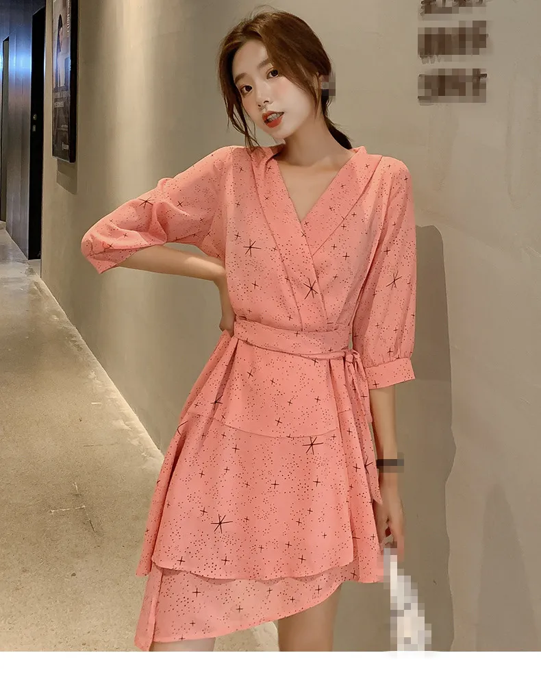 ZB4017 2020 летняя новая женская модная однотонная тонкая шифоновая Платье с оборкой