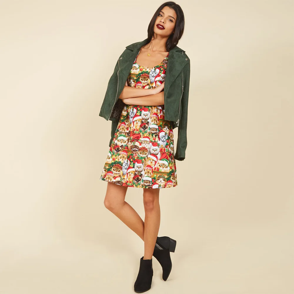 Женское рождественское платье модные платья-трапеции до колен с круглым вырезом