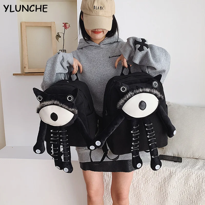 

Черная школьная сумка для девочек-подростков, Книжная сумка с животным узором, милый рюкзак, книжный рюкзак, женский холщовый рюкзак больши...