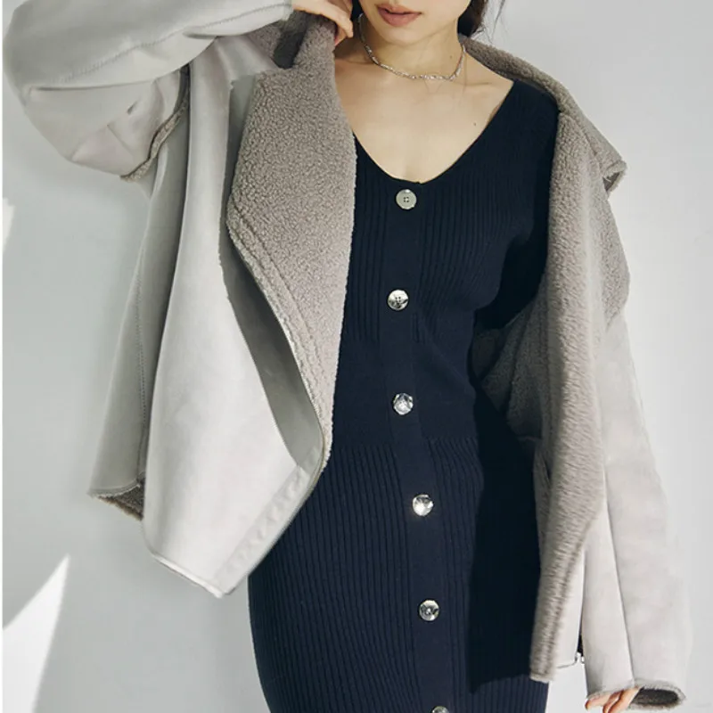 

Vintage Faux Chammy Coat Turn-down Collar Double Pockets Tops Autumn Winter New Lambswool Women Jacket Fashion