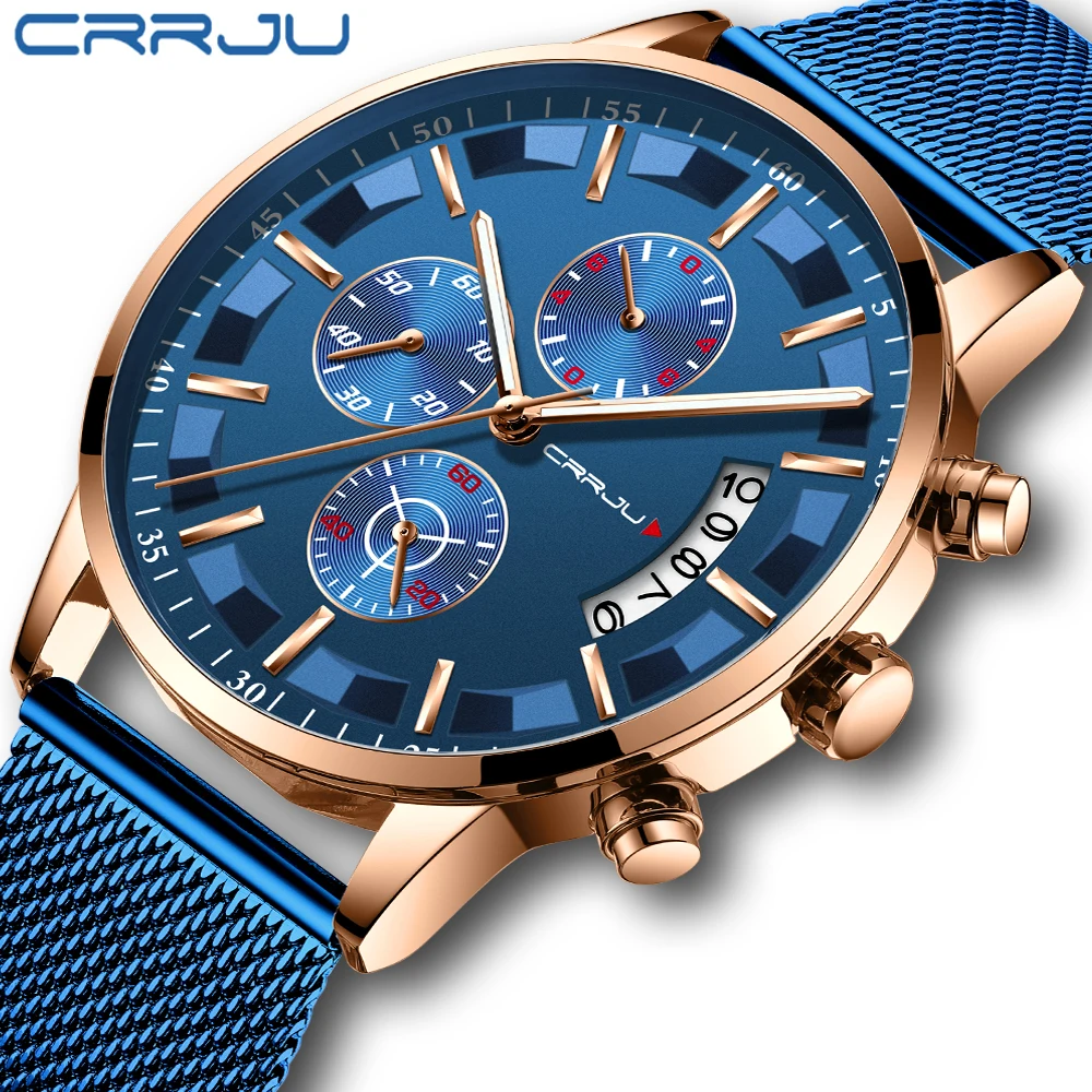 

Crrju Mens Watches Waterproof Quartz Business Men Watch Top Brand Luxury Clock Casual Blue Sport Watch Relogio Masculino