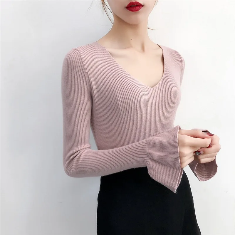 

Men's Sweaters Women's 2019 Autumn And Winter V-neck Bell Sleeve Sweater Korean-style Slim Fit Slimming Base Top Versitile Fashi