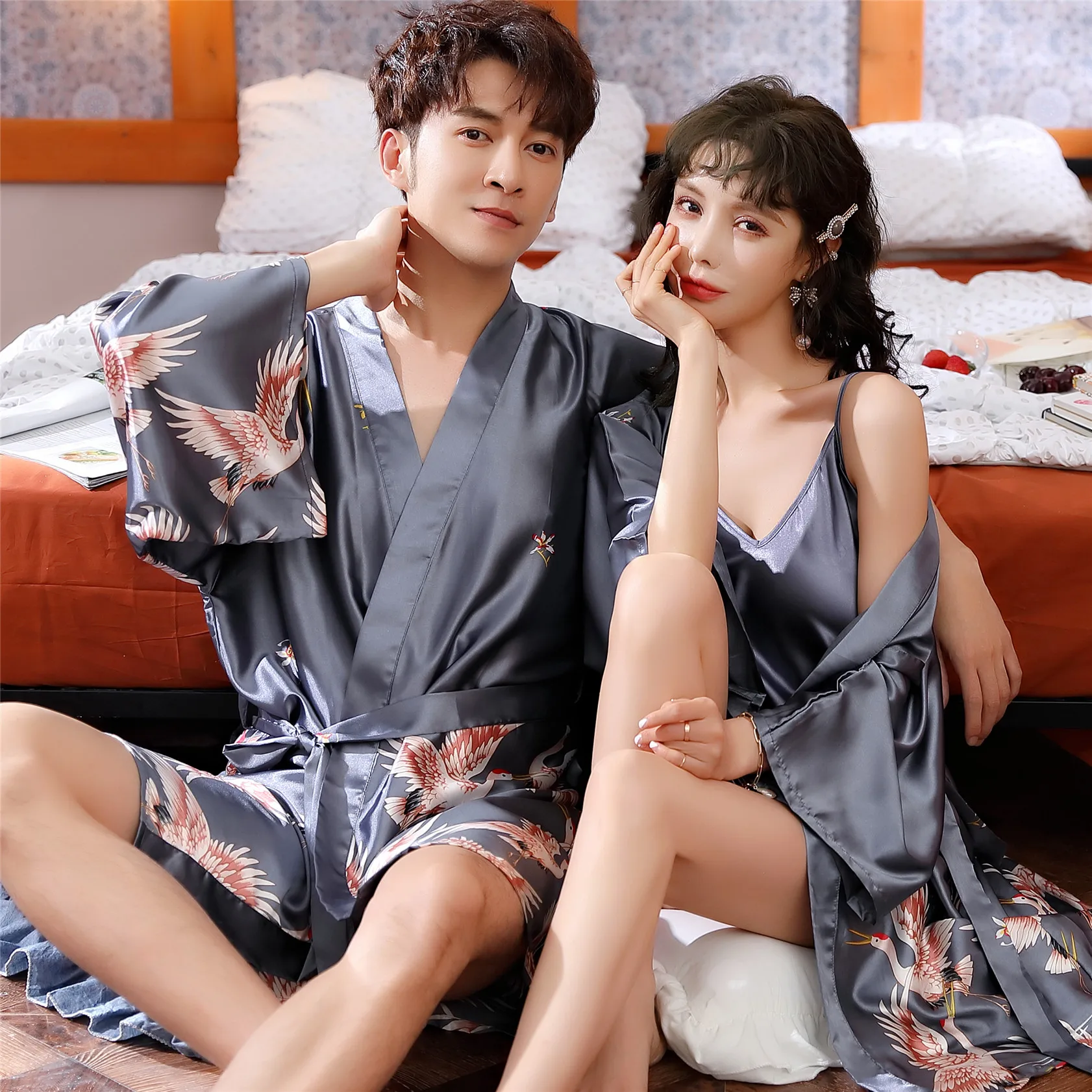 Silky Kimono Robe Bath Gown Japanese Male Long Sleepwear Animal Print Pajama Casual Rayon Robes Men Full Sleeve Nightwear Couple
