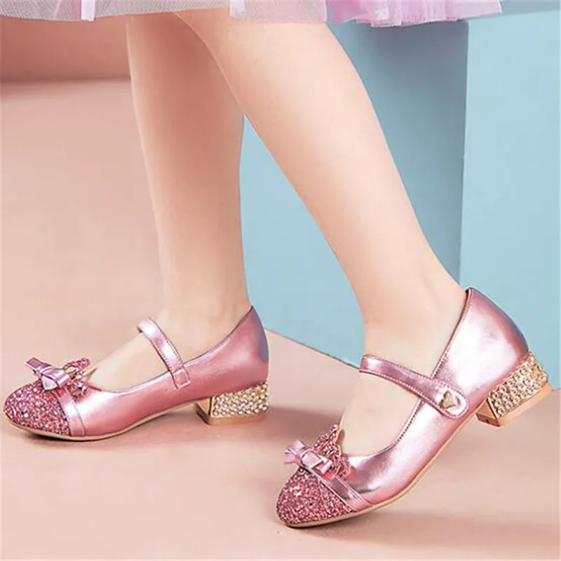

New Children Leather Shoes Baby Toddler Crystal Party High Heels Princess Student Dance Leather Shoes Girls Kids Moccasins 02C