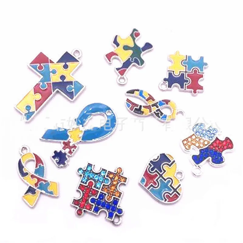 

BULK! 10pc "Autism Awareness" Charms in Silvertone Style Autism DIY Pendant for Bangle Jewelry Making Enamel Piece Puzzle LK39D