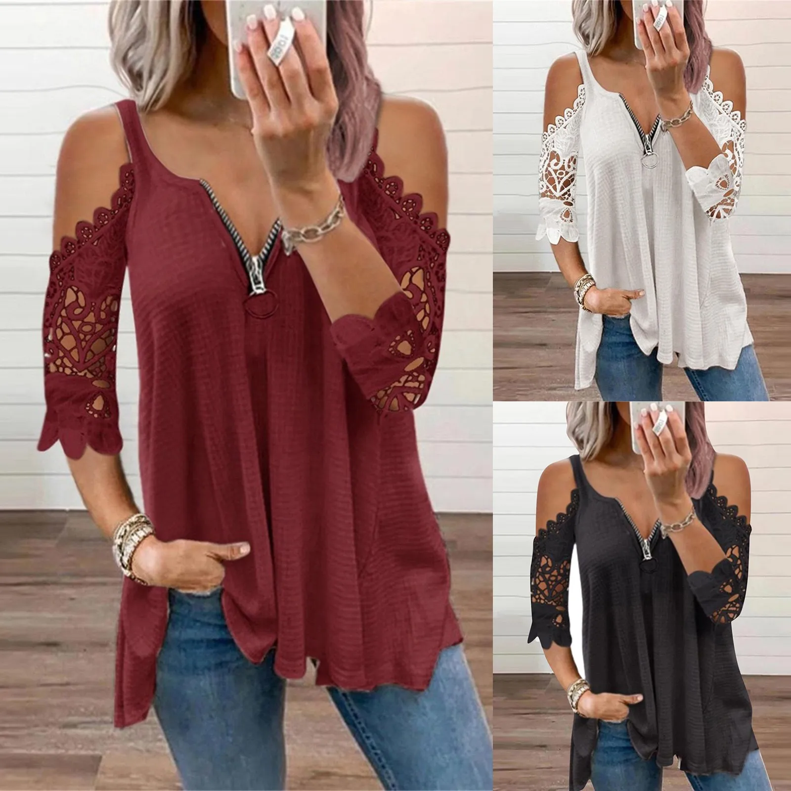 

Womens T-Shirts Sexy V-neck Collar Zipper Color Short Sleeve Fold Fashion Casual Blouse Tops Feminina Streetwear Shirts D716#