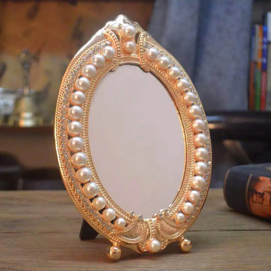 

European Single Mirror зеркало косметическое Silver Dressing Mirrors Table Pearl Light Luxury Makeup Elliptical Creative Gift
