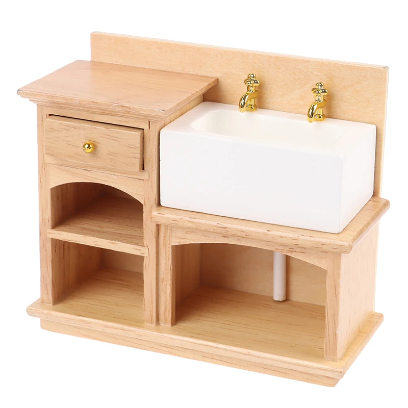

1/12 деревянный умывальник шкаф с керамической ручной раковиной миниатюрная мебель Игрушки для кукольного домика ванная комната кухня украш...