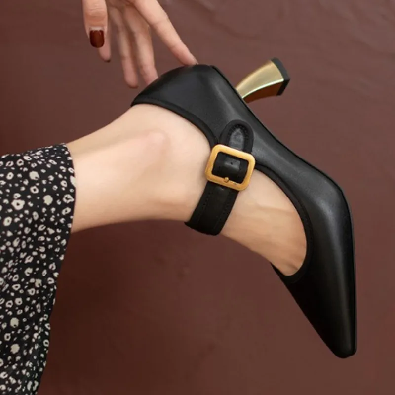 

Женские туфли с острым носком Fanyuan, черные туфли-лодочки из микрофибры на толстом каблуке с пряжкой, размеры 34-40, для весны и осени, 2021
