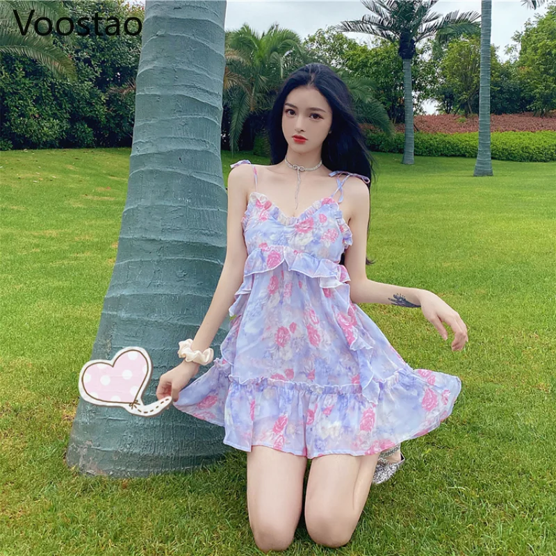 

Summer Sweet Floral Print Strap Mini Dress Women Sexy V-Neck Ruffles Club Holiday Dresses Female French Chic Party Beach Dress