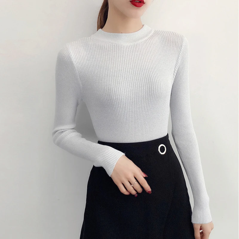 2022 Spring Winter Long Sleeve Sweater Women Shiny Pullover Basic Femme Turtleneck Korean Style Knit Tops 5042 |