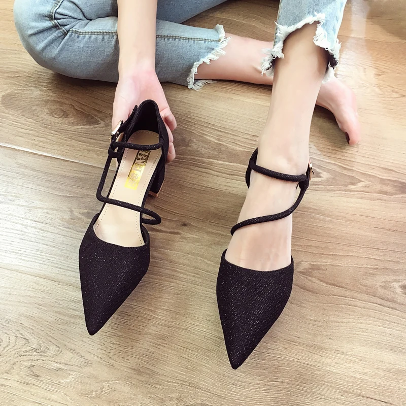 

Pointed Heel Sandals Black Shoes for Women Buckle Strap 2021 Summer Shallow Mouth Beige Block New Closed Retro Fashion High Comf