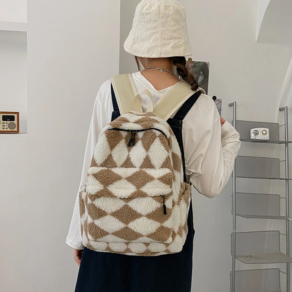 

Fashion Women's Geometric Print Backpack Women Plush Hit Color Rucksack Female Autumn Winter Large Capacity Knapsack