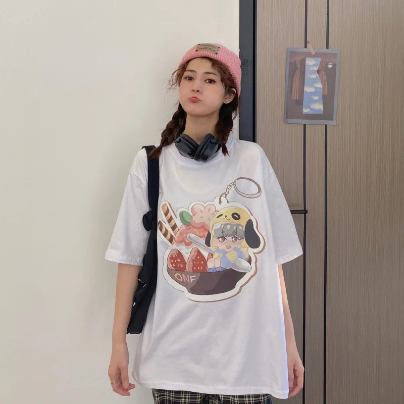 

CGC 2021 Summer Kawaii Anime Printing Woman T-shirts Short Sleeve Cotton Oversized T-shirt Korean Style Top Female Harajuku Tees
