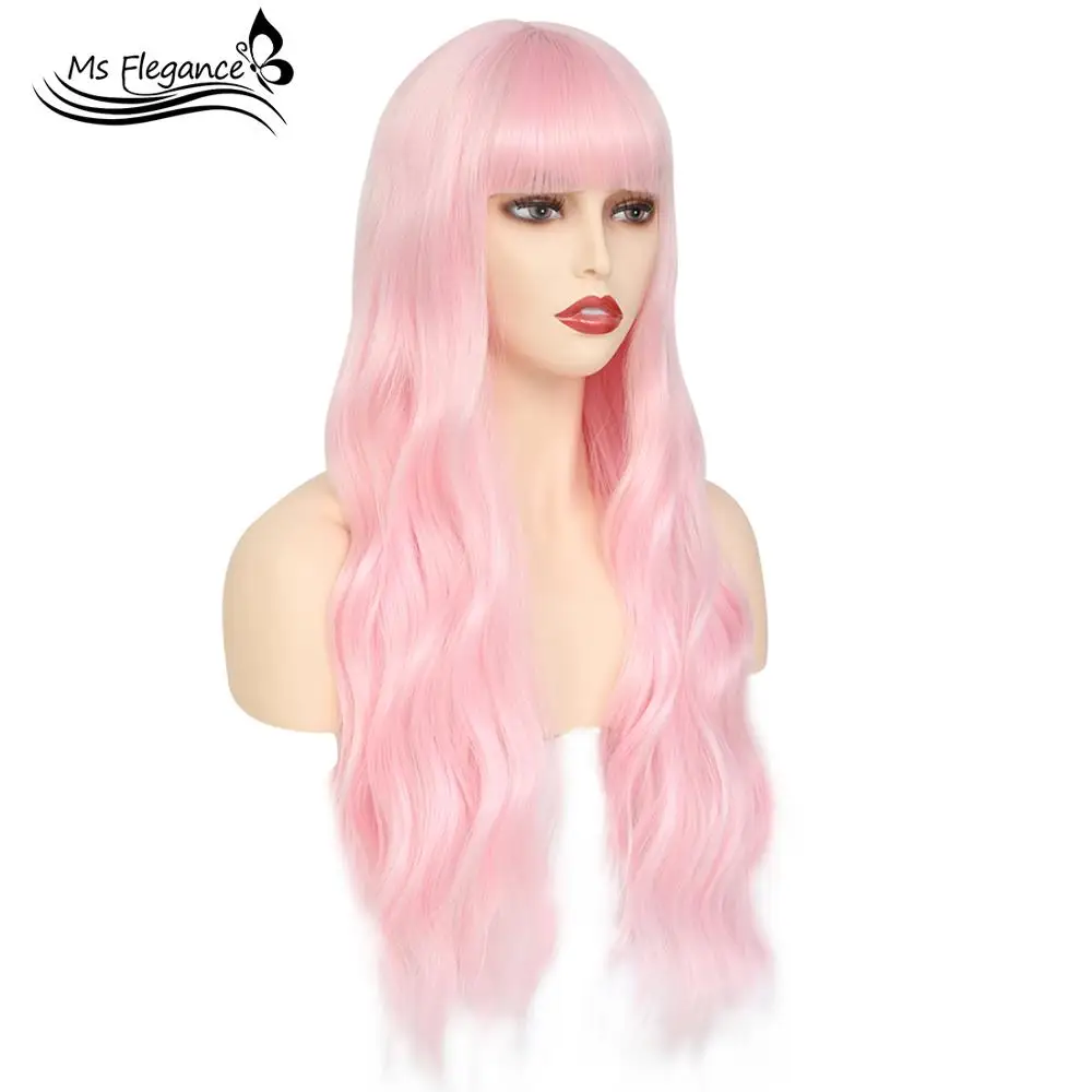 

MS FLEGANCE Long Water Wave Synthetic Wigs with Bangs Heat Resistant Wigs for Women African American 24in Cosplay Daily Party