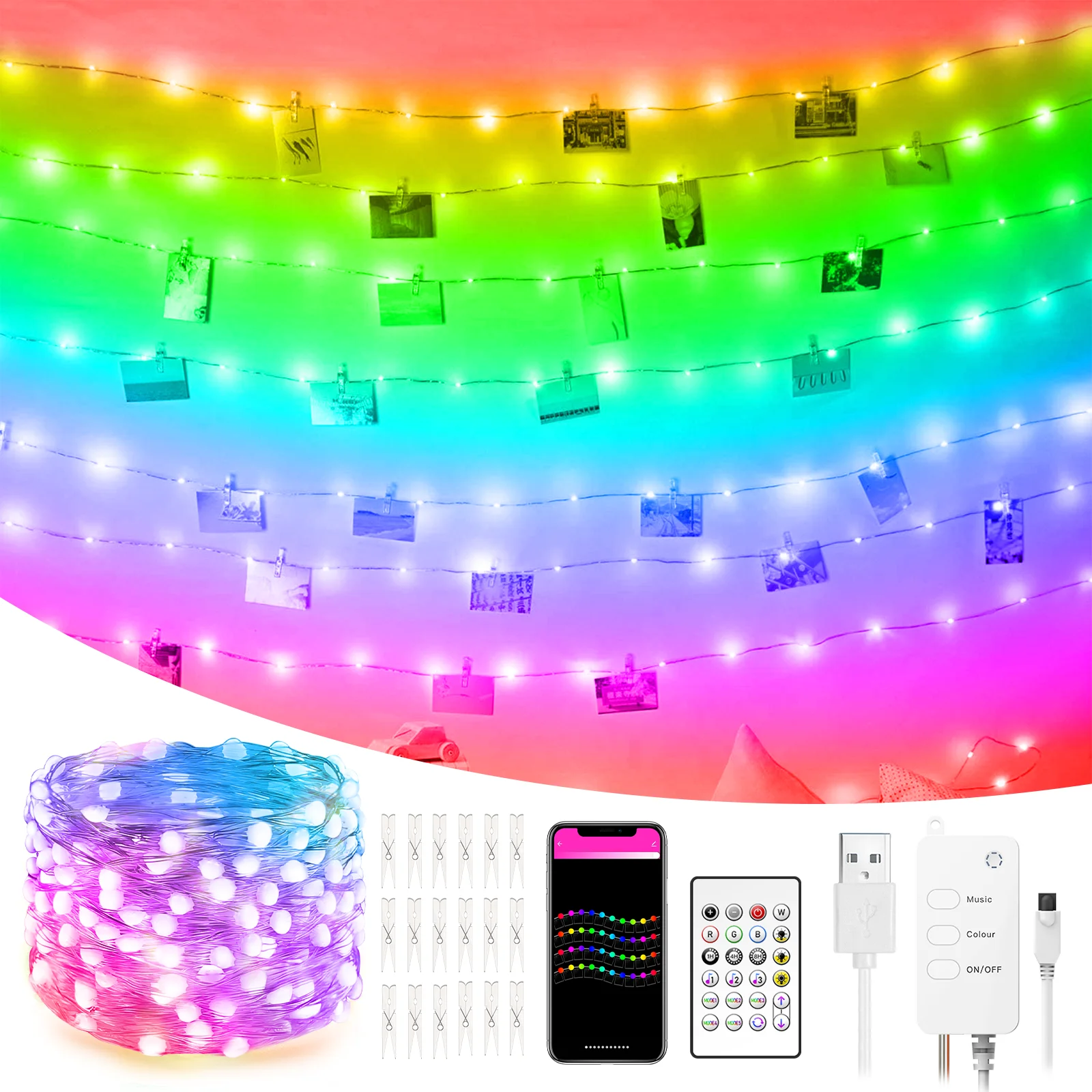 

LED Lamp String Photo Album String Lights Smart Wifi Bluetooth Remote Dream Color Music Rhythm Home Waterproof Wedding Holiday