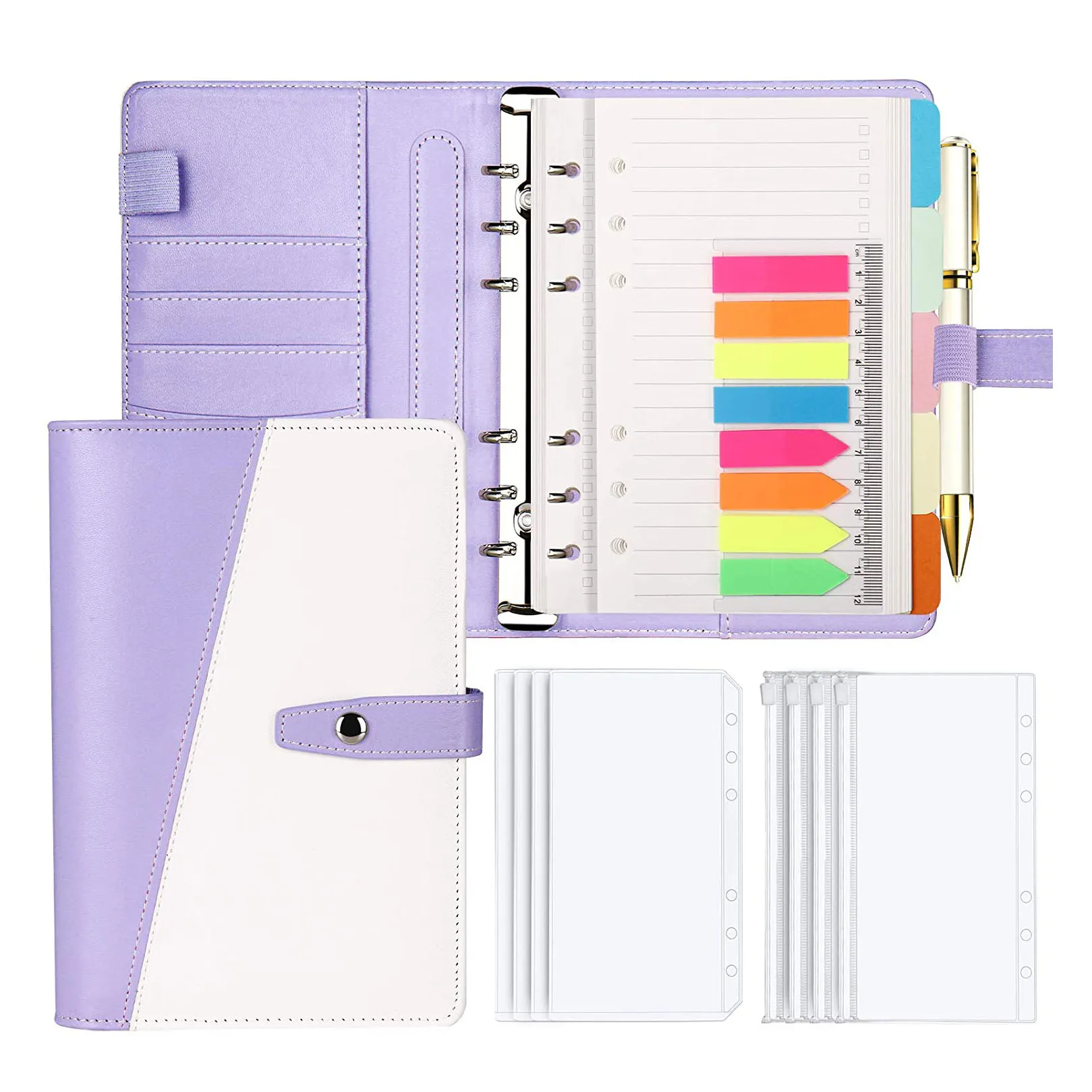 15 Pieces A6 PU Leather Notebook Binder Budget Planner Envelopes System with Zipper Pockets, Binder Dividers,Neon Page Markers