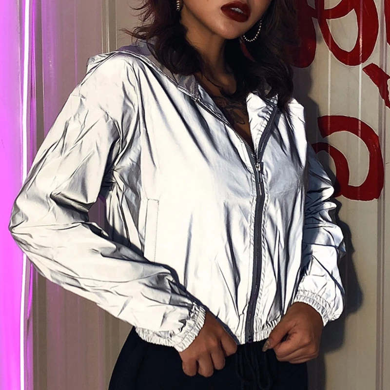 

Women Reflective Long Sleeve Hoodie Jacket Zip Up Sweatshirt Coat Hiphop Windbreaker Night Running Shiny Cropped Outwear