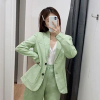 2021 women green single breasted commute office blazer with pocket lady student formal clothes spring summer linen casual blazer