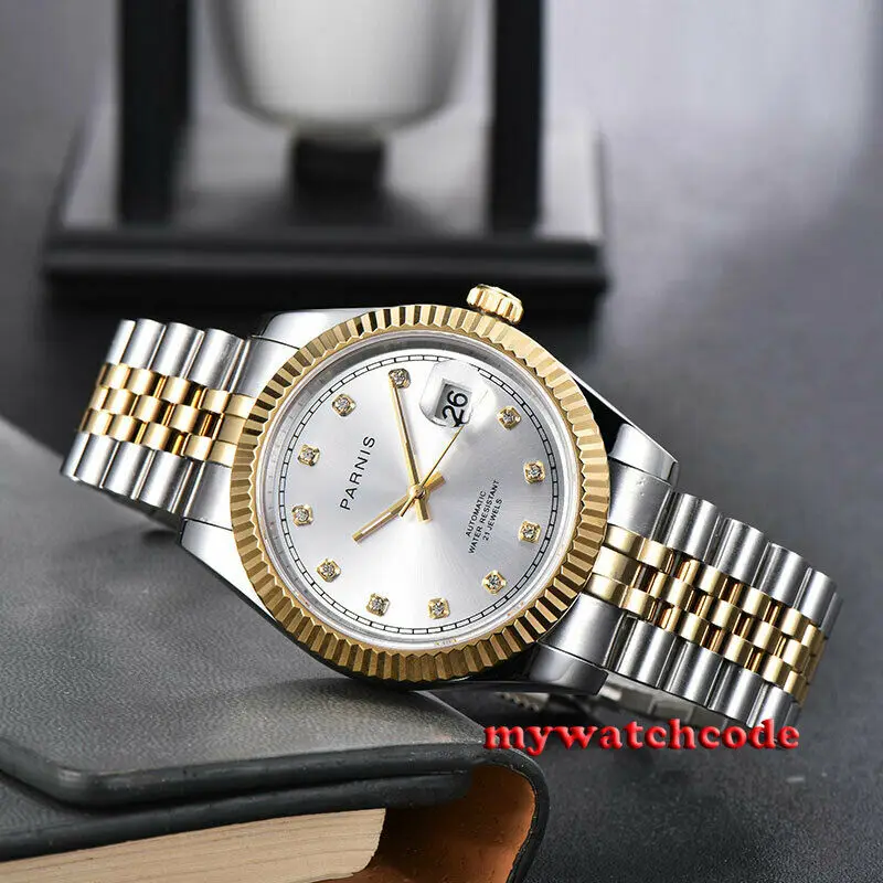 Мужские автоматические часы 39 5 мм PARNIS с серебристым циферблатом желтым и золотым