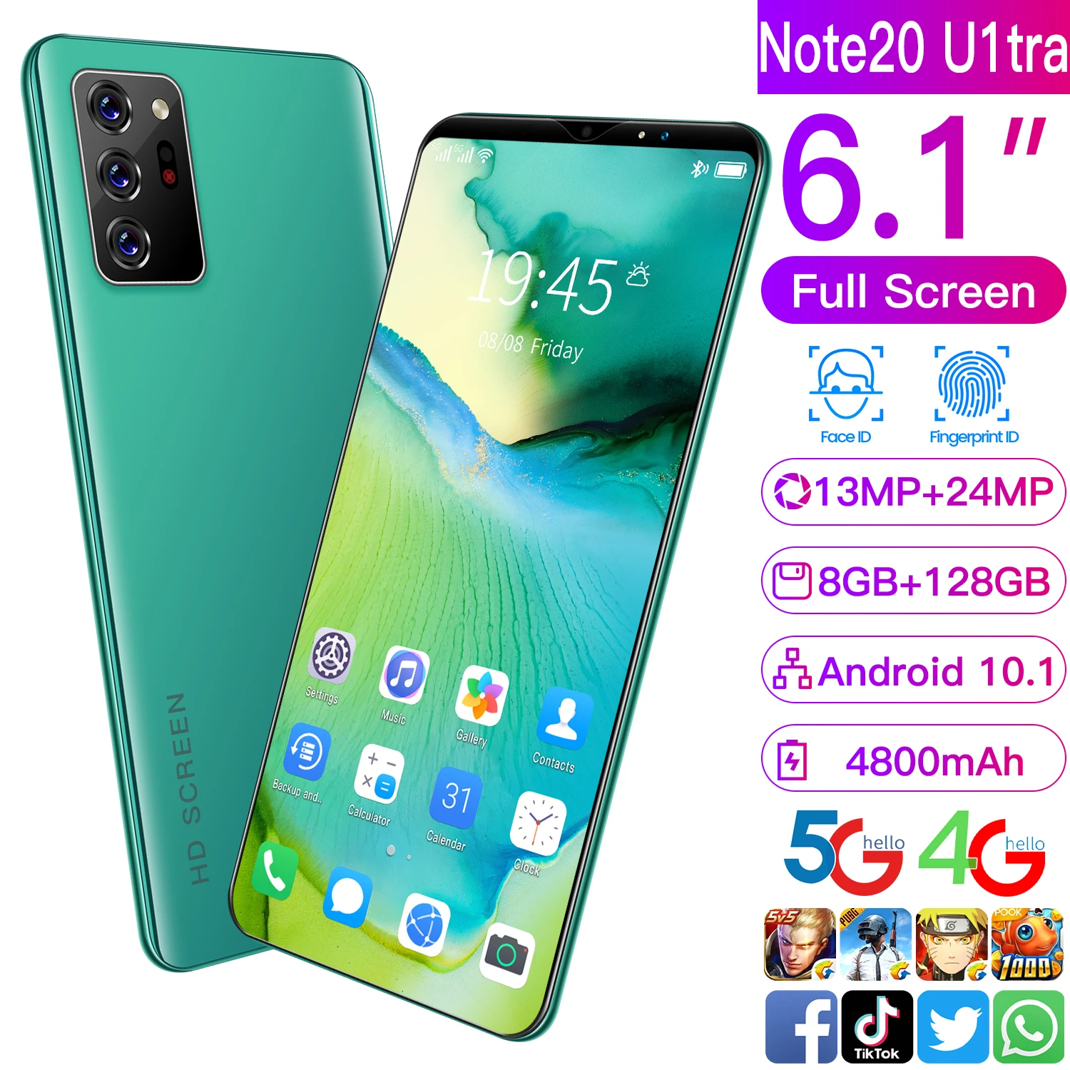 

HuaWe Note20 U1tra 6.1 Inch Screen 8+128GB Smartphone 13+24MP Camera 4800mAh Android 10.1 Dual SIM Card Mobile Phone Face ID