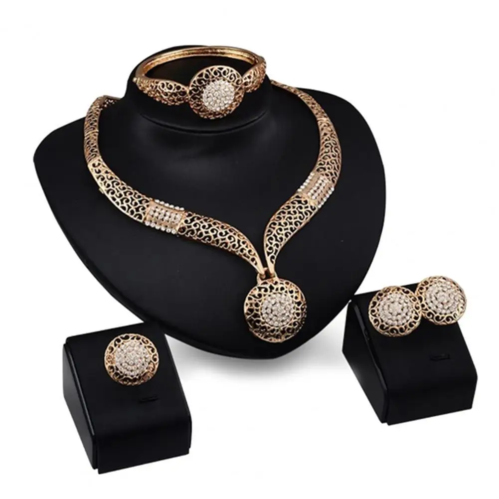 

4Pcs/Set Jewelry Sets Hollow Round Pendant Rhinestone Decor Alloy Women Fashion Jewelry Sets for Gifts Jewelry Sets for Gifts