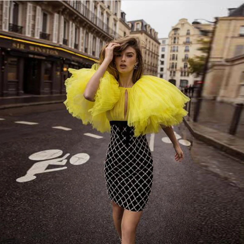 Extra Puffy Yellow Tulle Women Tops Chic Lush 3/4 Sleeves Ladies Blouses Shirt for Party Wear Formal Occasion Top Custom Made