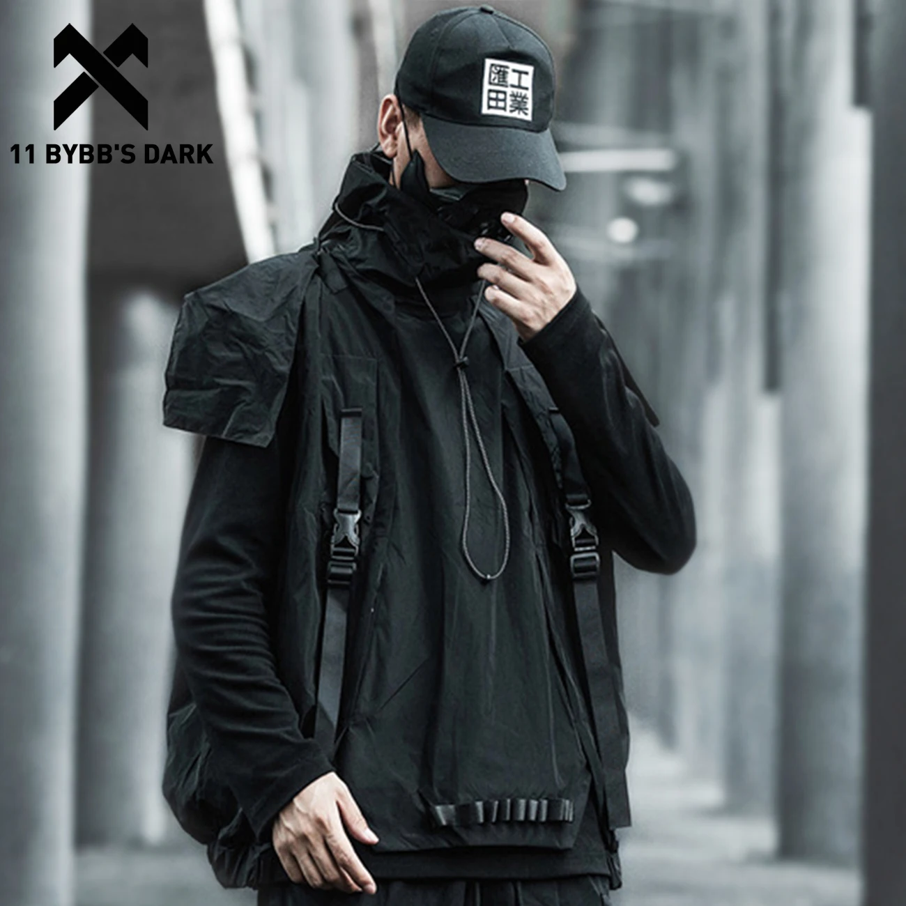 

11 BYBB'S DARK Removable Hip Hop Cargo Vest Men Ribbons Patchwork Tactical Functional Overall Sleeveless Tops Streetwear Outwear