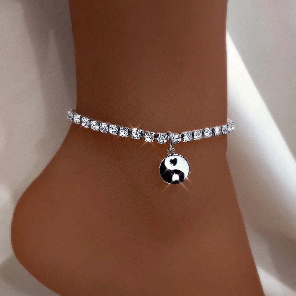 

Fashion Cute Glazed Yin Yang Enamel Daisy Tennis Chain Anklet for Women Shiny Rhinestone Summer Beach Barefoot Jewelry 2021 New