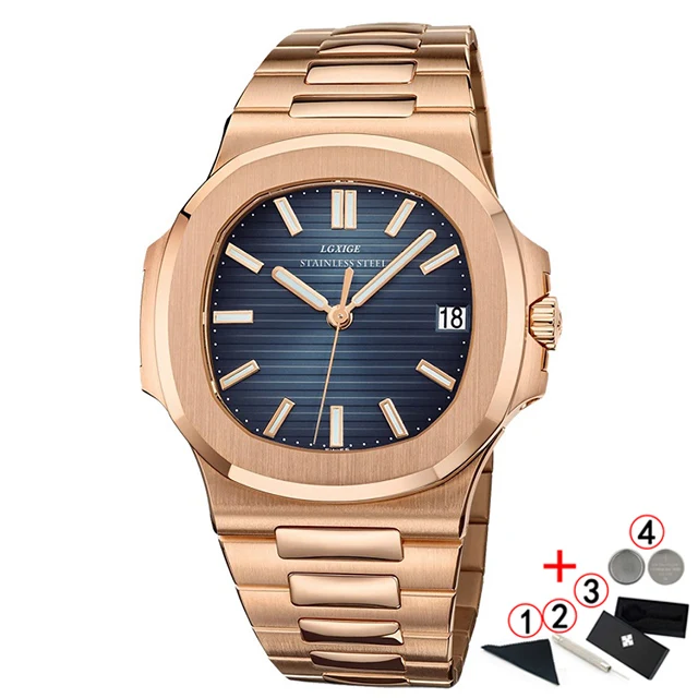 rose-blue-add-box Lgxige мужские часы Топ бренд класса люкс бизнес часы из розового золота Мужские нержавеющая сталь мужские наручные часы Relogio Masculino - Цвет: rose-blue-add-box
