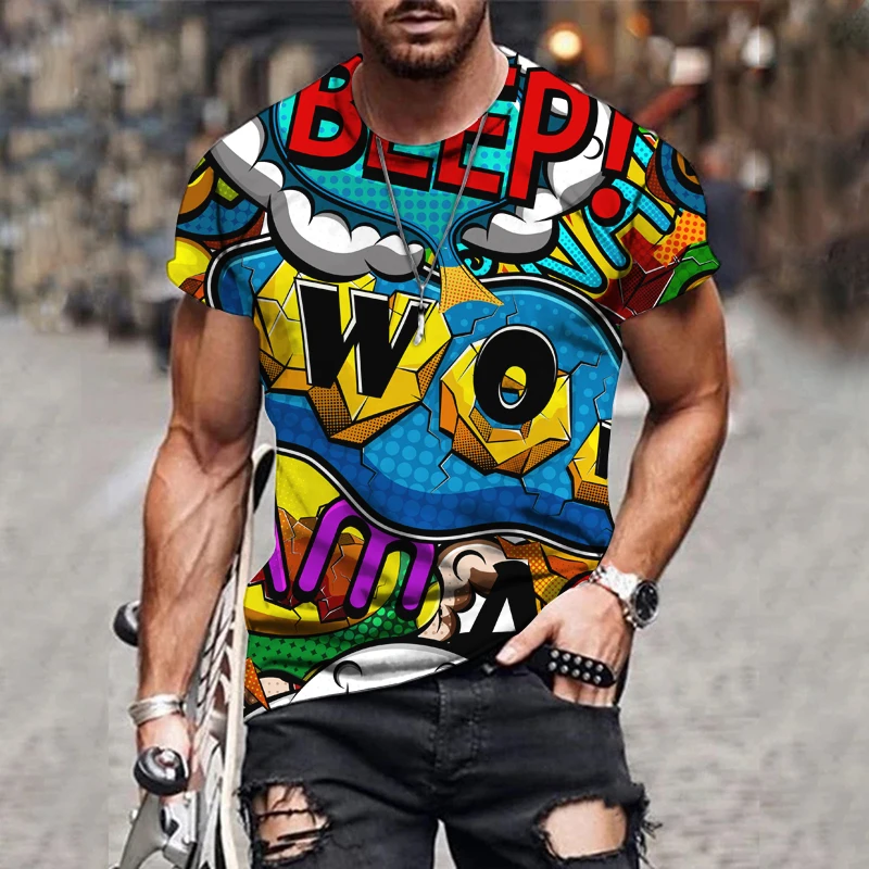 

Men's street graffiti short sleeve T-shirt explosive cartoon print cool and breathable in summer Boom bang letter Tees top