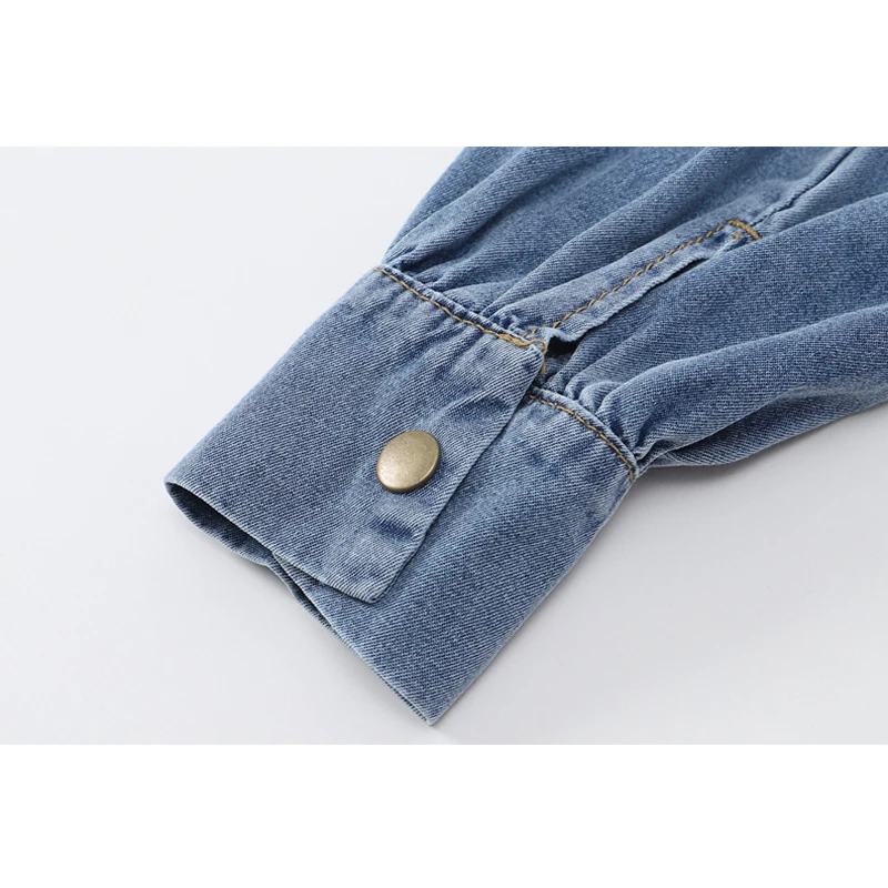 

Crop Blouses And Shirts For Ladies Stylish Denim Top Spliced Hem Wrinkled Ruffle Chiffon Blusas Long Sleeve Jumper Blouses Women