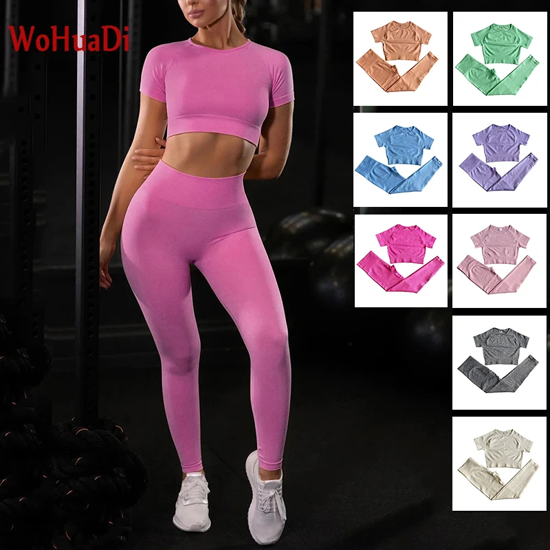 

WOHUADI 2021 Seamless Sport Suit Women Clothes Gym Fitness Workout Female Leggings Push Up Yoga Set Sportswear Crop Top T-Shirt