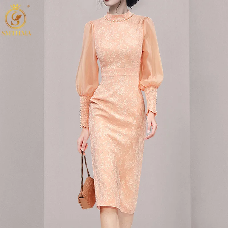 

SMTHMA New Autumn Slim Casual Jacquard Dress Female Stand Collar Lantern Sleeve Fashion Dresses For Women 2021 New Clothing