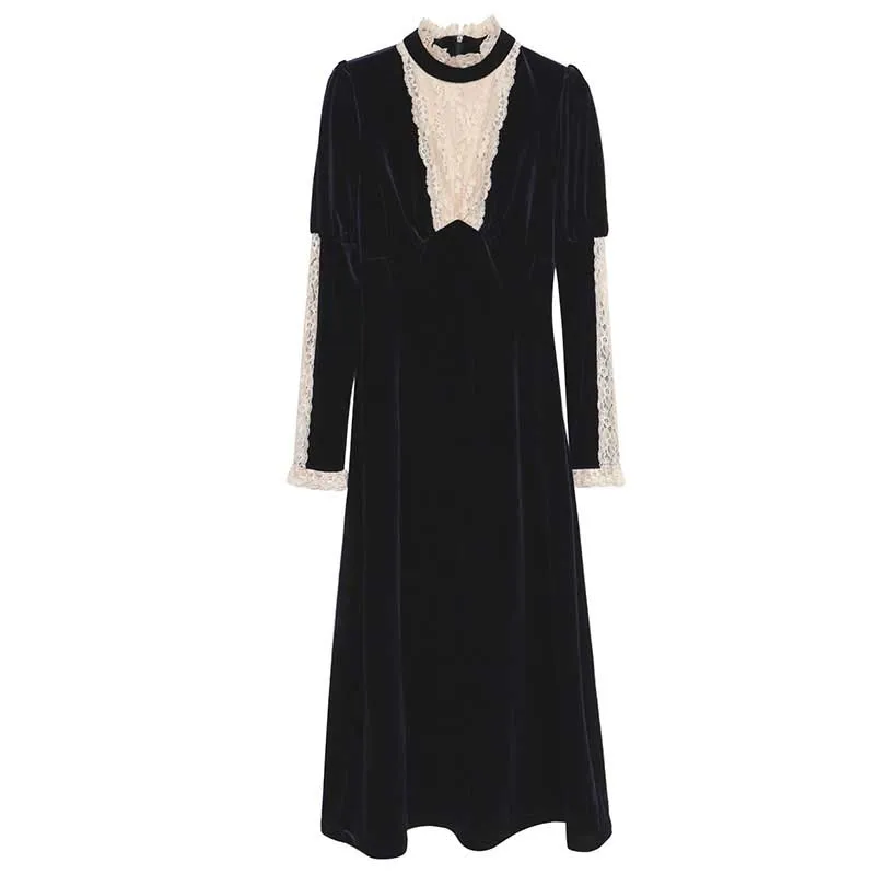 

2021 Spring Autumn Vintage French Female Dress Slim Elegant Korean One-Piece Lace Stitching Women'S Dresses Midi Dress Vestidos