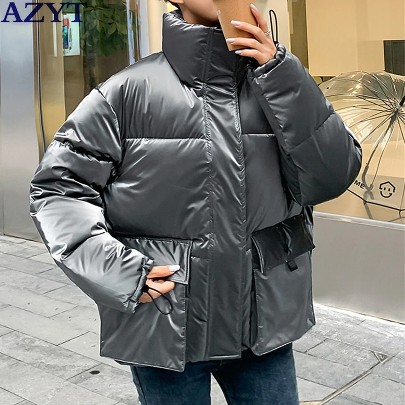 

AZYT Winter Thicken Glossy Parkas Women Coat 2021 Windproof Warm Cotton Padded Jacket Female Big Pocket Winter Jacket Women