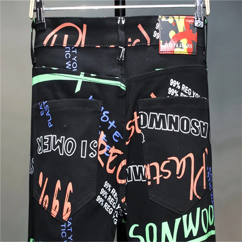 Men's Plus-Size 3D Stretch Print Casual Fashion Versatile Black Mid-Waist Stretch Tight Pants And Skinny Jeans