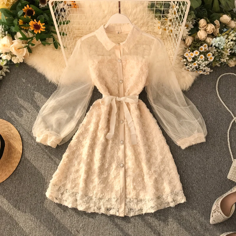 Новинка 2019 женское Сетчатое платье с пышными рукавами и цветочным рисунком