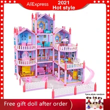 Princess Big Villa DIY Dollhouse casa muñecas Pink Castle Play House With Slide Yard Kit Assembled Doll House Toys