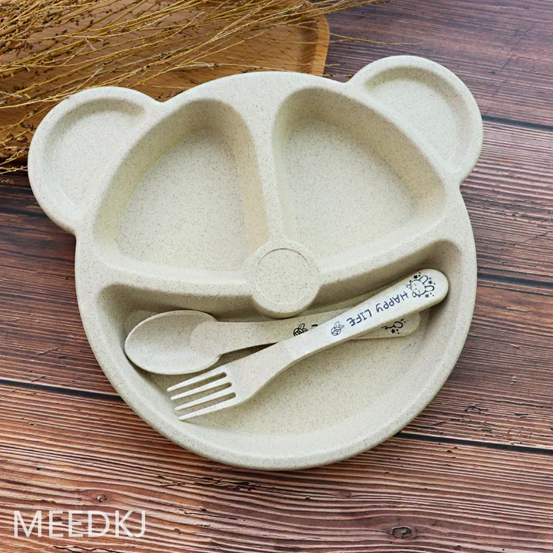 

1pcs wheat divided grid bear children's dinner plate set baby divided grid breakfast plate with fork and spoon